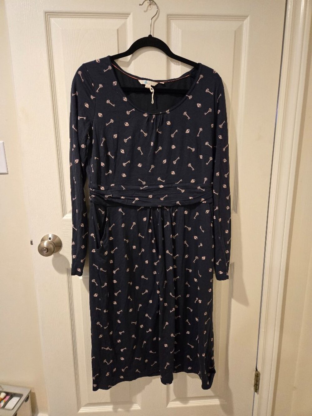 Boden Mabel Jersey Knit Lock Key Print Black Gold Dress 14L